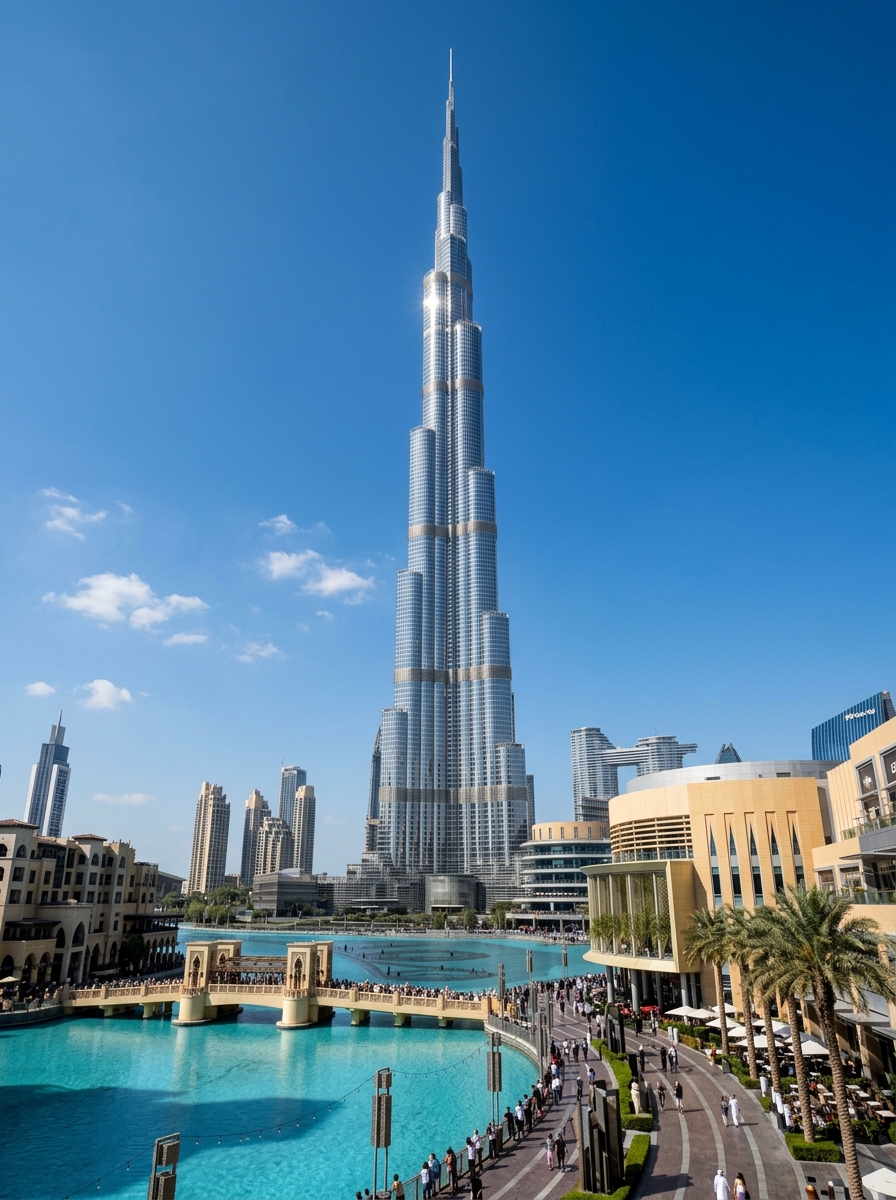 Burj Khalifa towering above Dubai Fountain