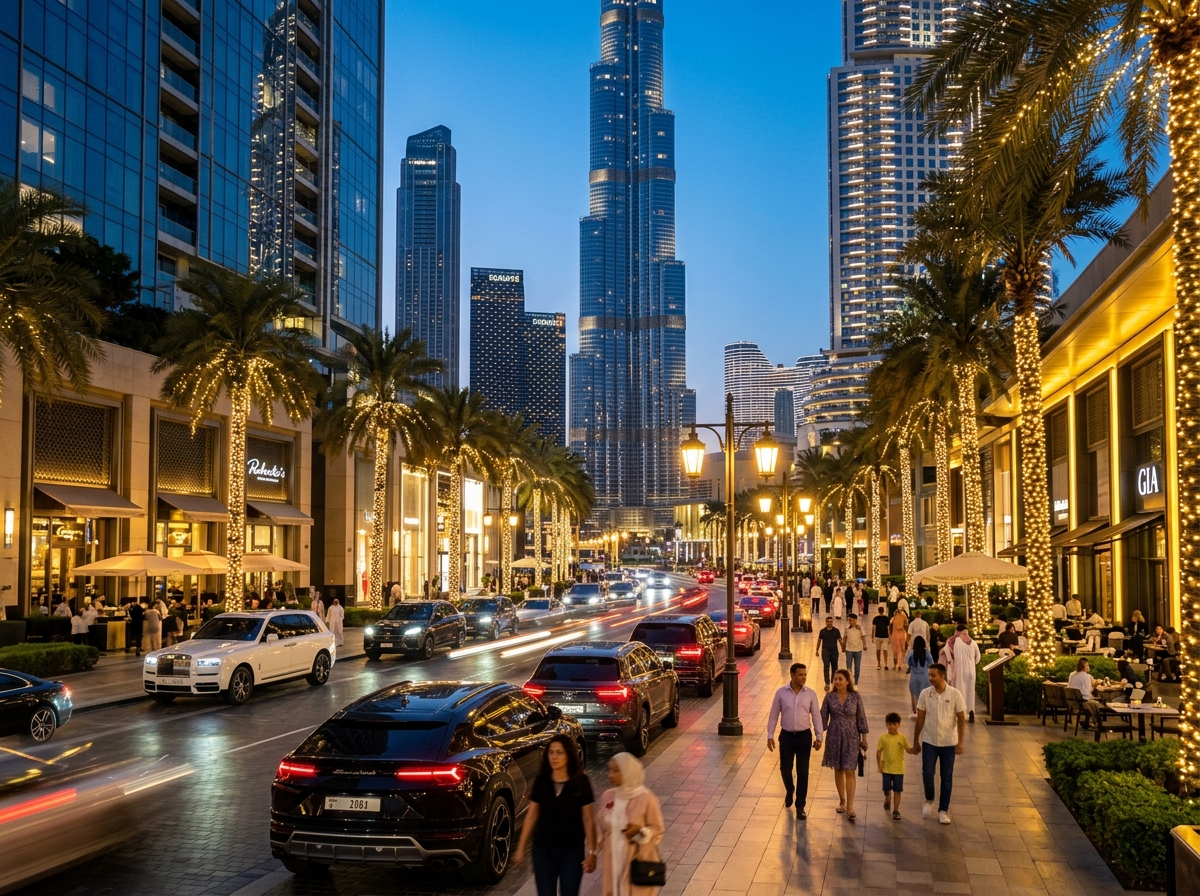 Downtown Dubai luxury promenade with illuminated palm trees