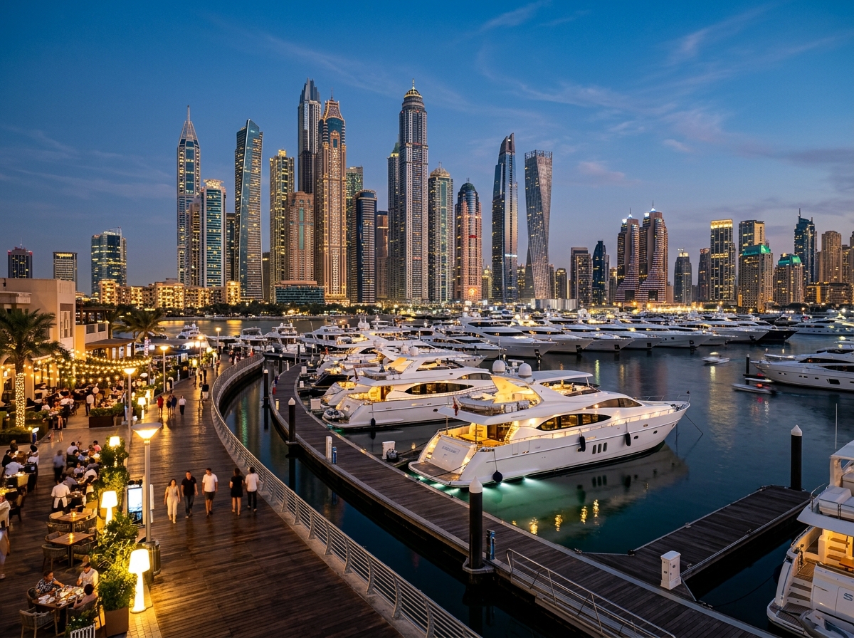 Dubai Marina waterfront with luxury yachts at dusk