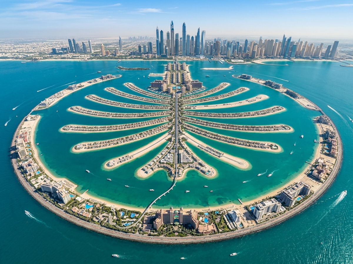 Aerial view of the Palm Jumeirah island in turquoise waters