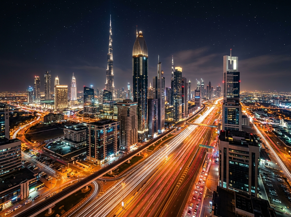 Dubai skyline night panorama with illuminated highway trails