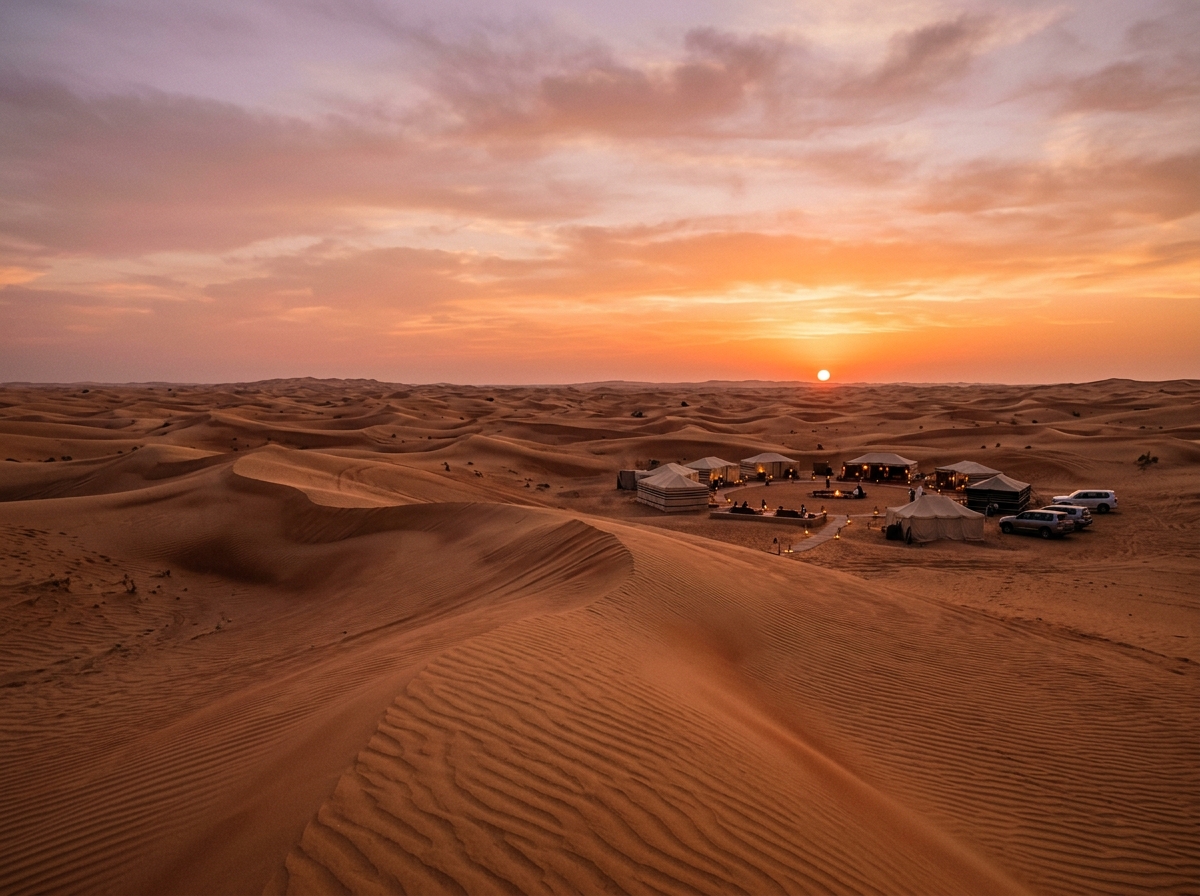 Golden Arabian desert sand dunes at sunset