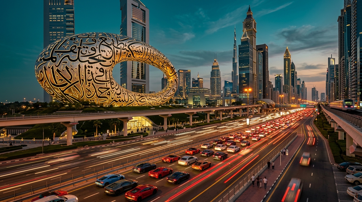 Museum of the Future in Dubai with glowing Arabic calligraphy